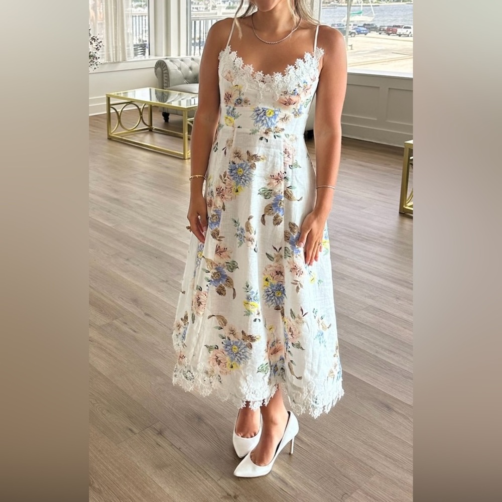 Zimmermann Lace Trim Floral Print Linen Appliquéd Picnic Dress